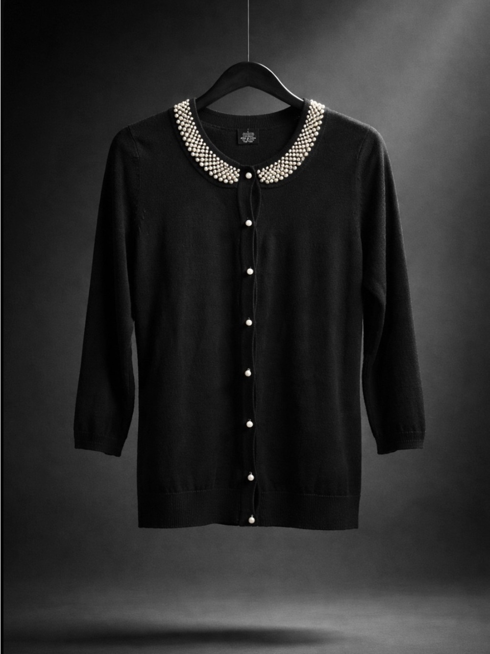 U-Knit Black Pearl-Trim Crewneck Cardigan